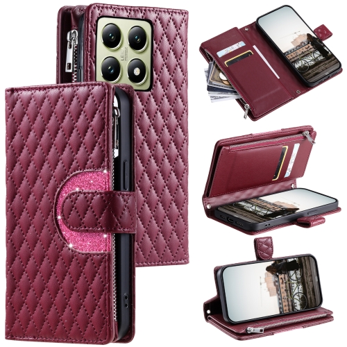 

For Xiaomi 14T Glitter Lattice Zipper Wallet Leather Phone Case(Wine Red)