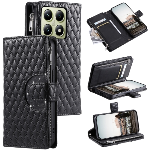 

For Xiaomi 14T Pro Glitter Lattice Zipper Wallet Leather Phone Case(Black)