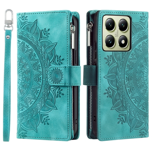 

For Xiaomi 14T Pro Multi-Card Totem Zipper Leather Phone Case(Green)