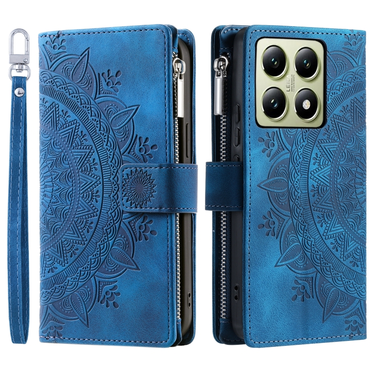 

For Xiaomi 14T Pro Multi-Card Totem Zipper Leather Phone Case(Blue)
