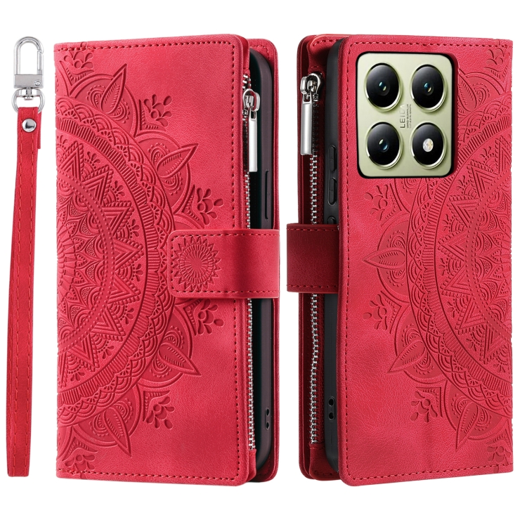 

For Xiaomi 14T Pro Multi-Card Totem Zipper Leather Phone Case(Red)