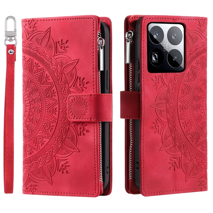 

For Xiaomi 15 Pro Multi-Card Totem Zipper Leather Phone Case(Red)