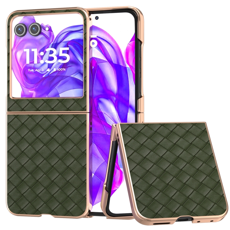 

For Motorola Razr 50 Electroplated Frame Woven Texture PU Phone Case(Green)