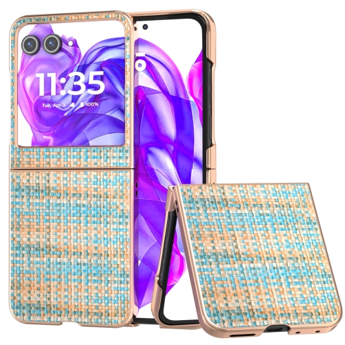 

For Motorola Razr 50 Electroplated Frame Color Lattice Texture PU Phone Case(Blue)