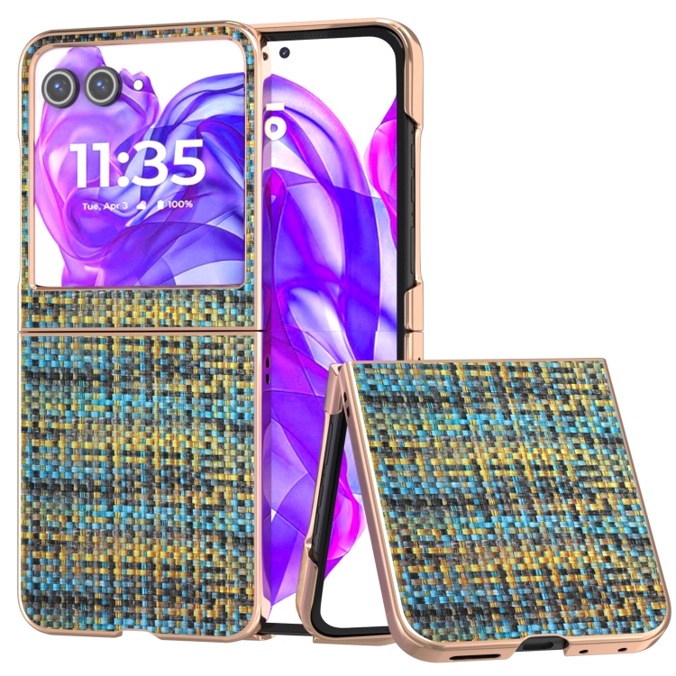 

For Motorola Razr 50 Electroplated Frame Color Lattice Texture PU Phone Case(Gold)