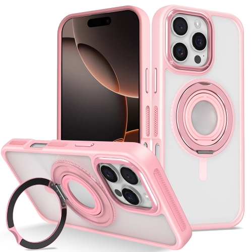 

For iPhone 16 Pro Skin Feel Transparent 360 Degree Rotating Silicone Ring Holder Phone Case(Pink)