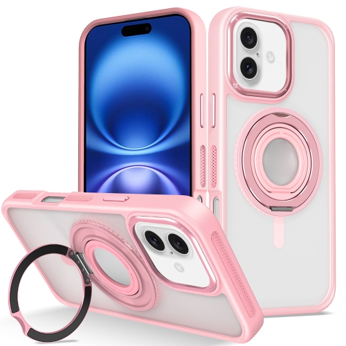 

For iPhone 16 Skin Feel Transparent 360 Degree Rotating Silicone Ring Holder Phone Case(Pink)