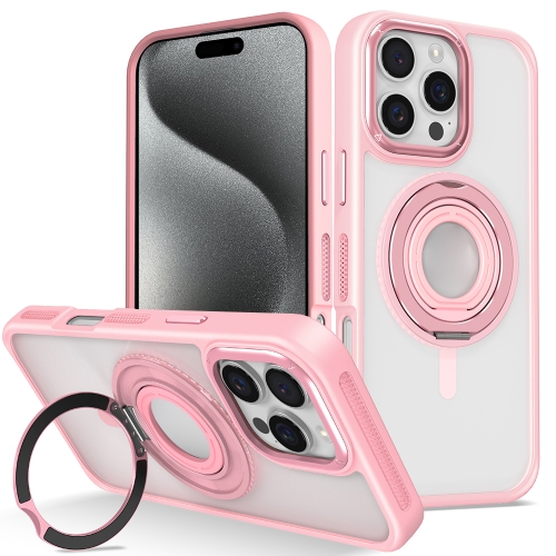 

For iPhone 15 Pro Max Skin Feel Transparent 360 Degree Rotating Silicone Ring Holder Phone Case(Pink)