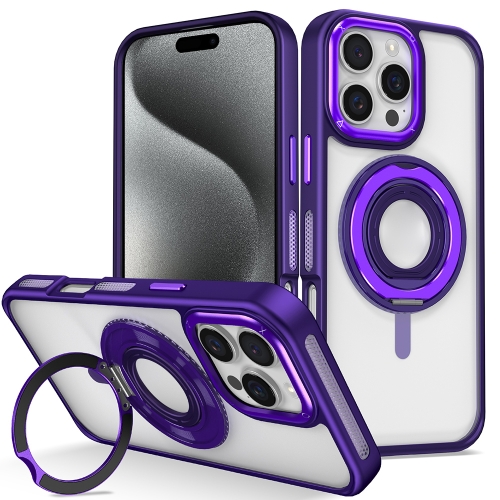 

For iPhone 15 Pro Skin Feel Transparent 360 Degree Rotating Silicone Ring Holder Phone Case(Purple)