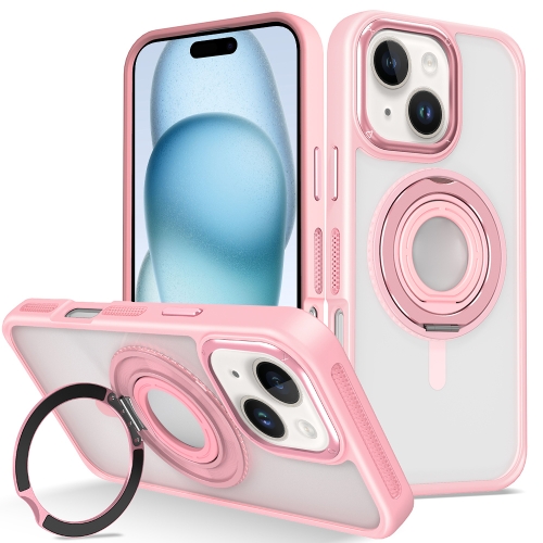 

For iPhone 15 Plus Skin Feel Transparent 360 Degree Rotating Silicone Ring Holder Phone Case(Pink)