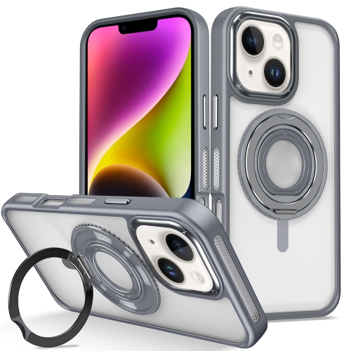 

For iPhone 14 Skin Feel Transparent 360 Degree Rotating Silicone Ring Holder Phone Case(Grey)