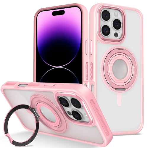 

For iPhone 14 Pro Skin Feel Transparent 360 Degree Rotating Silicone Ring Holder Phone Case(Pink)