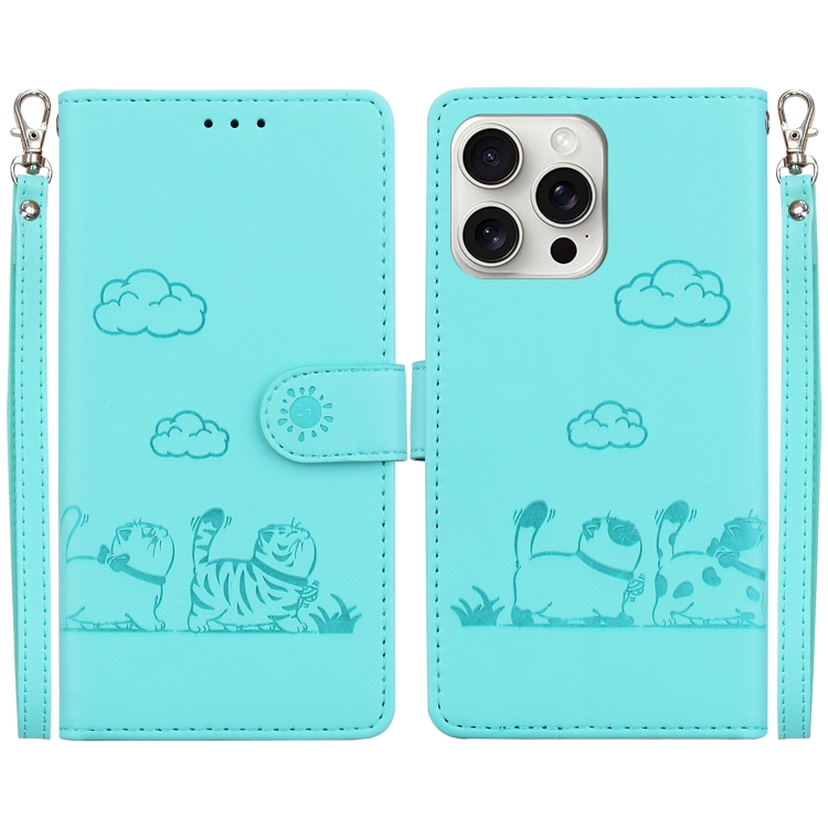 

For iPhone 16 Pro Cute Cats RFID Leather Phone Case(Green)