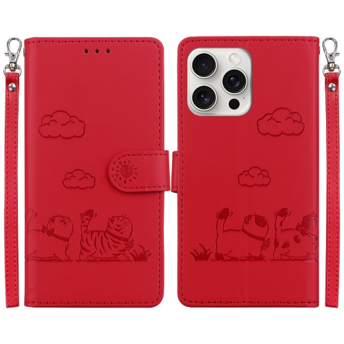 

For iPhone 16 Pro Cute Cats RFID Leather Phone Case(Red)