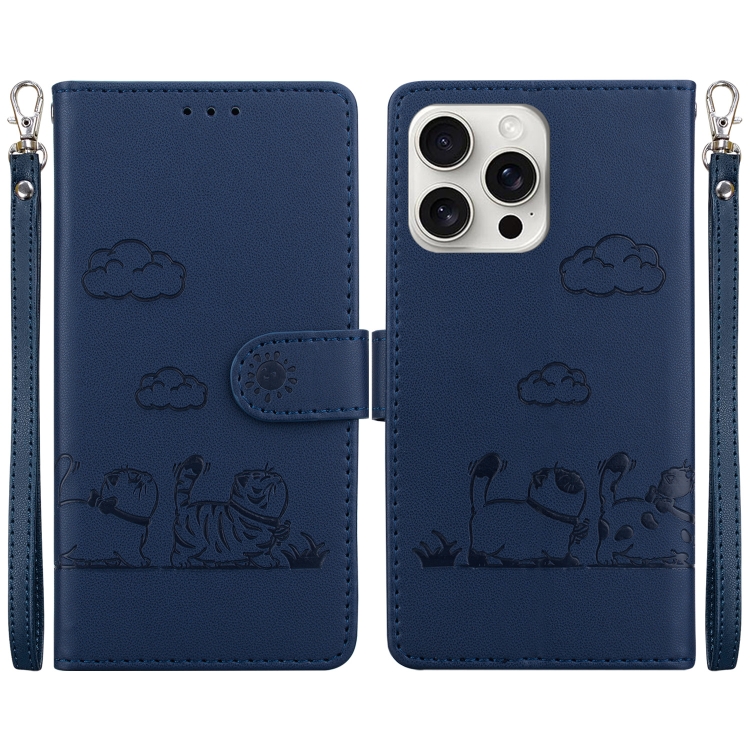 

For iPhone 16 Pro Cute Cats RFID Leather Phone Case(Blue)