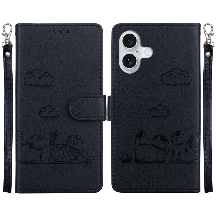 

For iPhone 16 Plus Cute Cats RFID Leather Phone Case(Black)