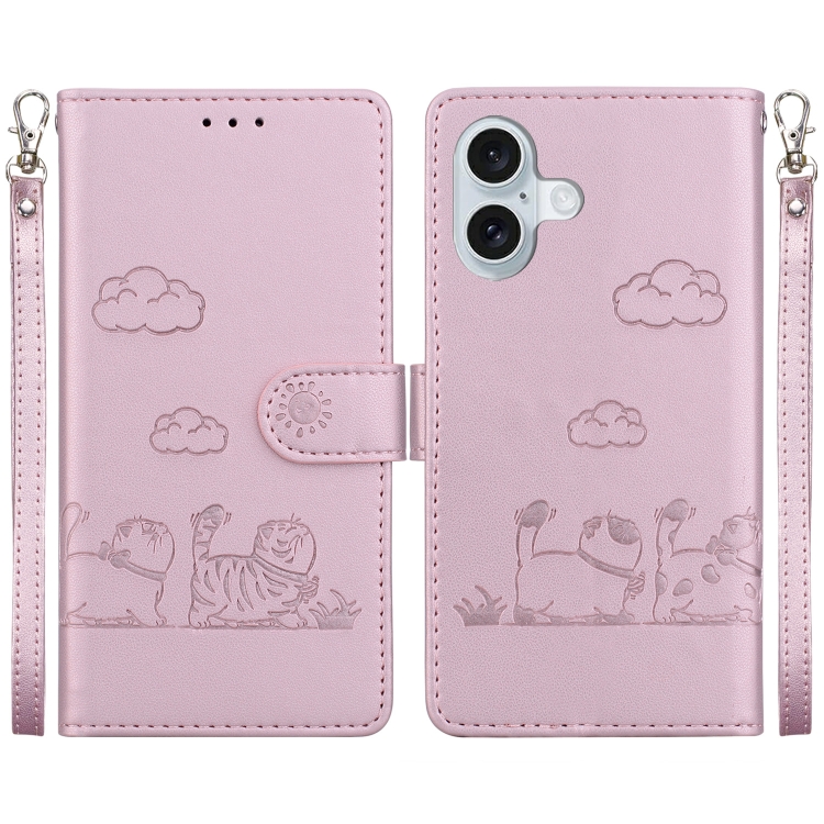 

For iPhone 16 Cute Cats RFID Leather Phone Case(Rose Gold)