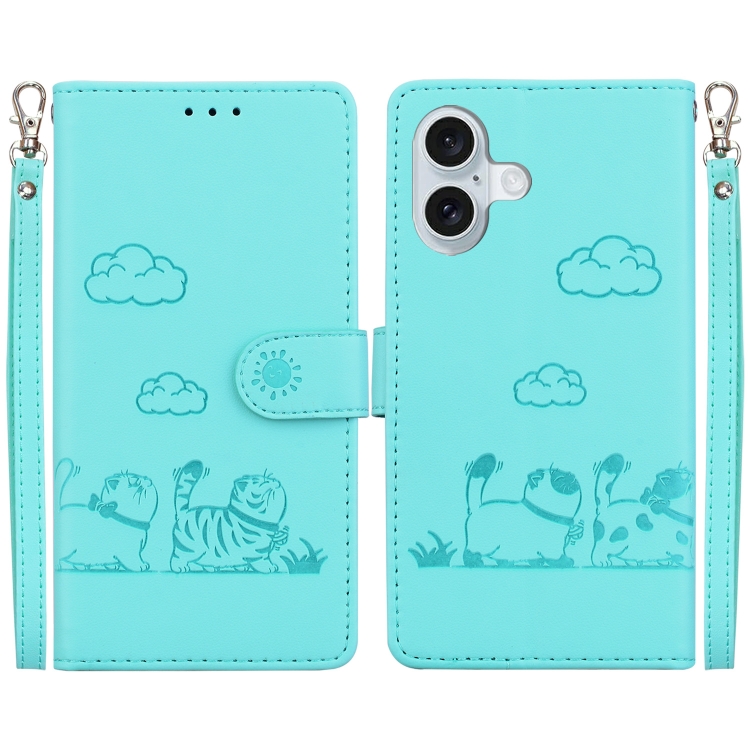 

For iPhone 16 Cute Cats RFID Leather Phone Case(Green)