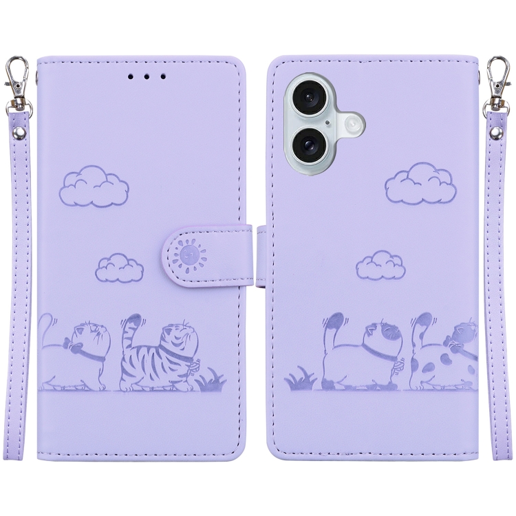

For iPhone 16 Cute Cats RFID Leather Phone Case(Purple)