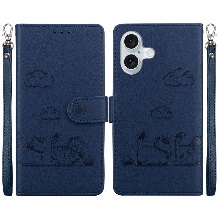 

For iPhone 16 Cute Cats RFID Leather Phone Case(Blue)