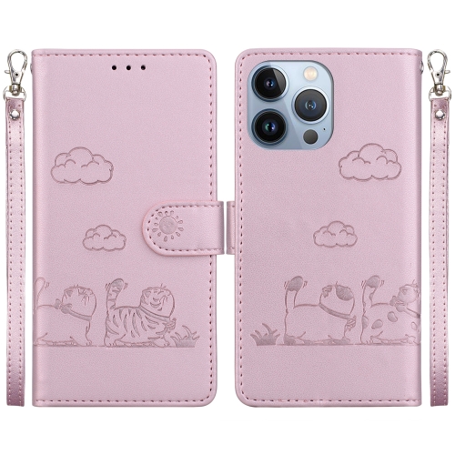 

For iPhone 15 Pro Max Cute Cats RFID Leather Phone Case(Rose Gold)