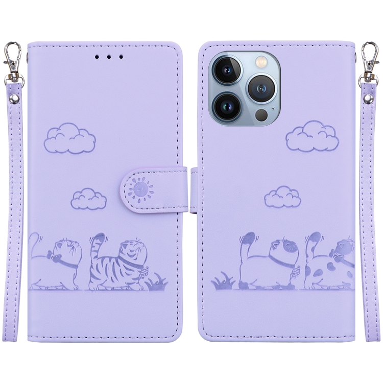 

For iPhone 15 Pro Max Cute Cats RFID Leather Phone Case(Purple)