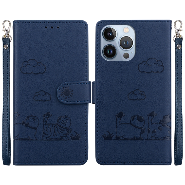 

For iPhone 15 Pro Max Cute Cats RFID Leather Phone Case(Blue)