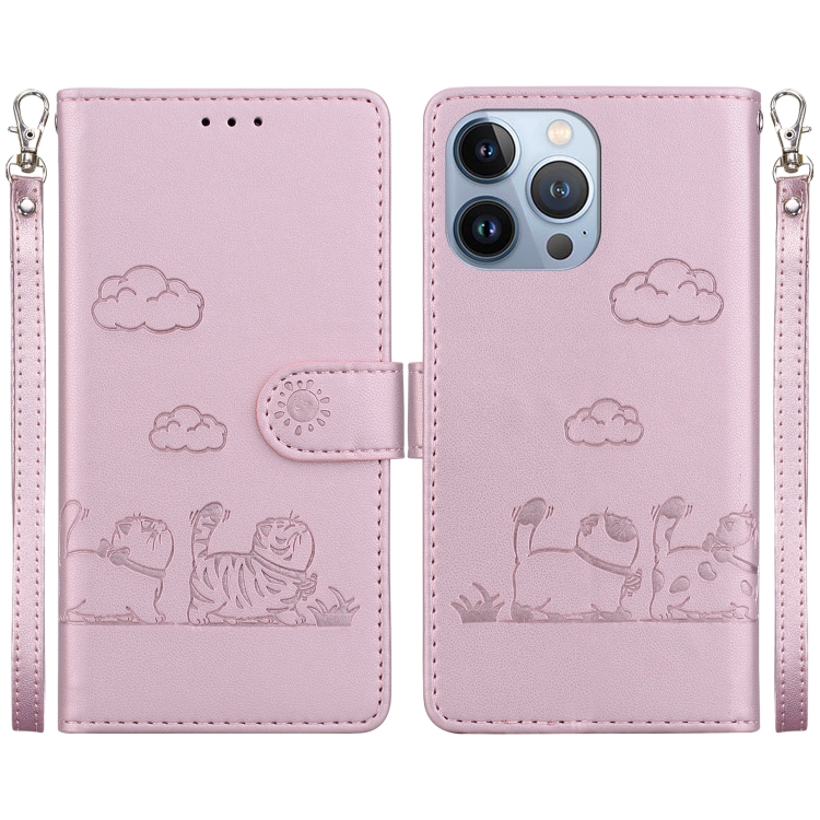 

For iPhone 15 Pro Cute Cats RFID Leather Phone Case(Rose Gold)