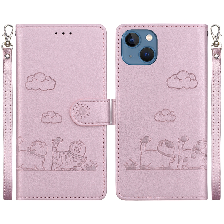 

For iPhone 15 Cute Cats RFID Leather Phone Case(Rose Gold)