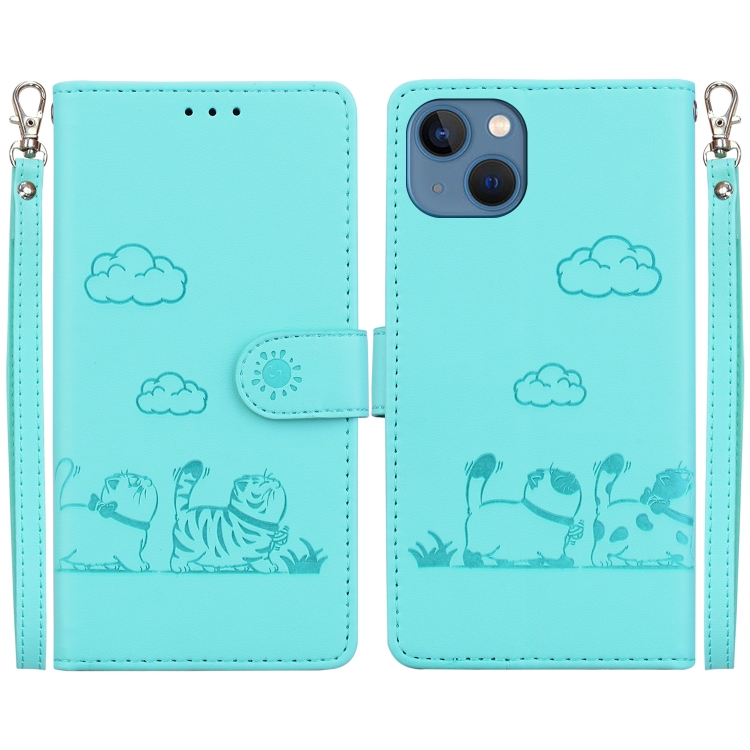 

For iPhone 14 Plus Cute Cats RFID Leather Phone Case(Green)