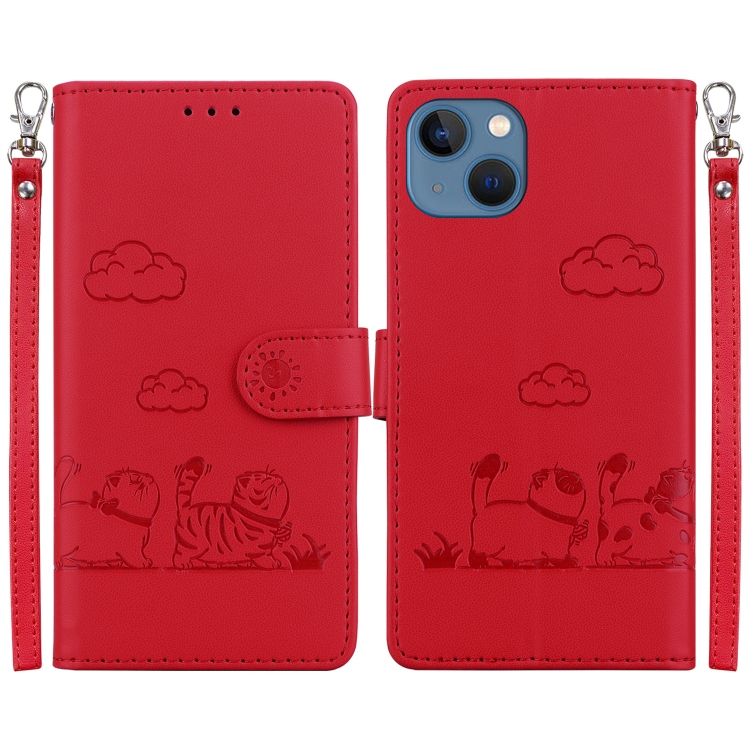 

For iPhone 14 Plus Cute Cats RFID Leather Phone Case(Red)