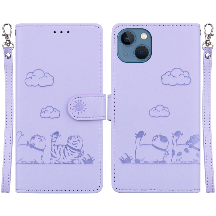 

For iPhone 14 Cute Cats RFID Leather Phone Case(Purple)