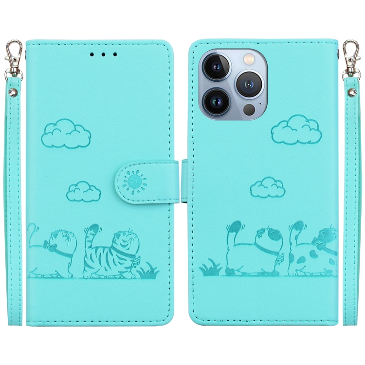 

For iPhone 14 Pro Cute Cats RFID Leather Phone Case(Green)
