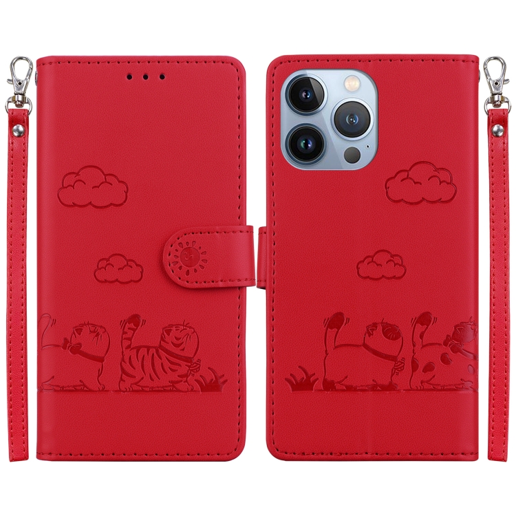 

For iPhone 14 Pro Max Cute Cats RFID Leather Phone Case(Red)