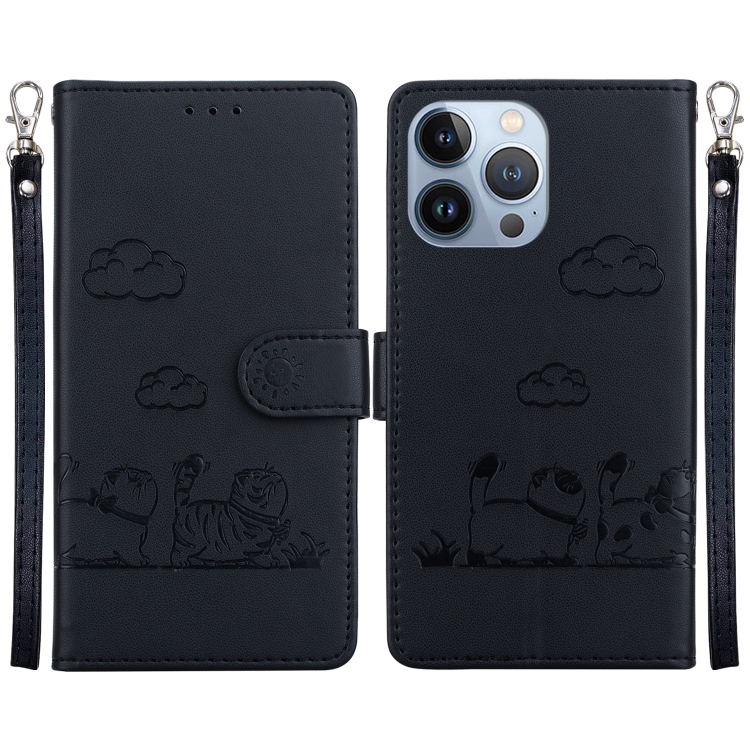 

For iPhone 14 Pro Max Cute Cats RFID Leather Phone Case(Black)