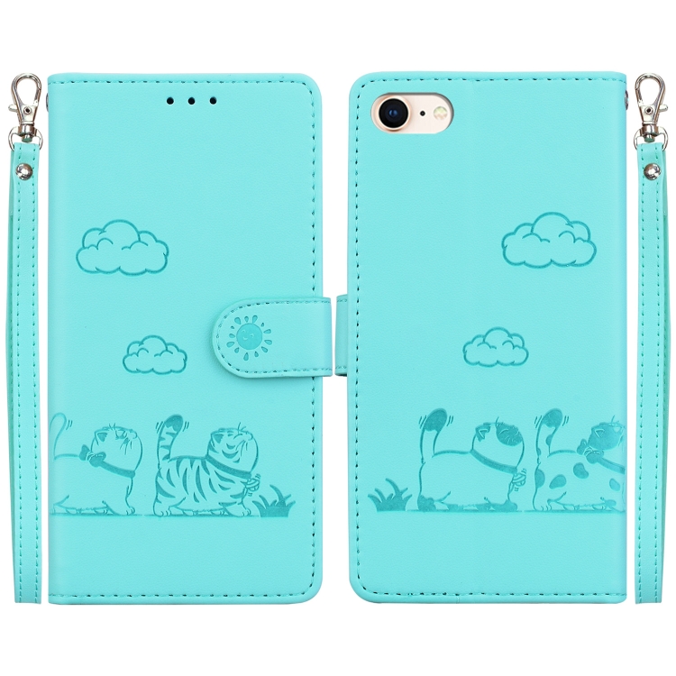 

For iPhone 7 / 8 / SE 2022 Cute Cats RFID Leather Phone Case(Green)