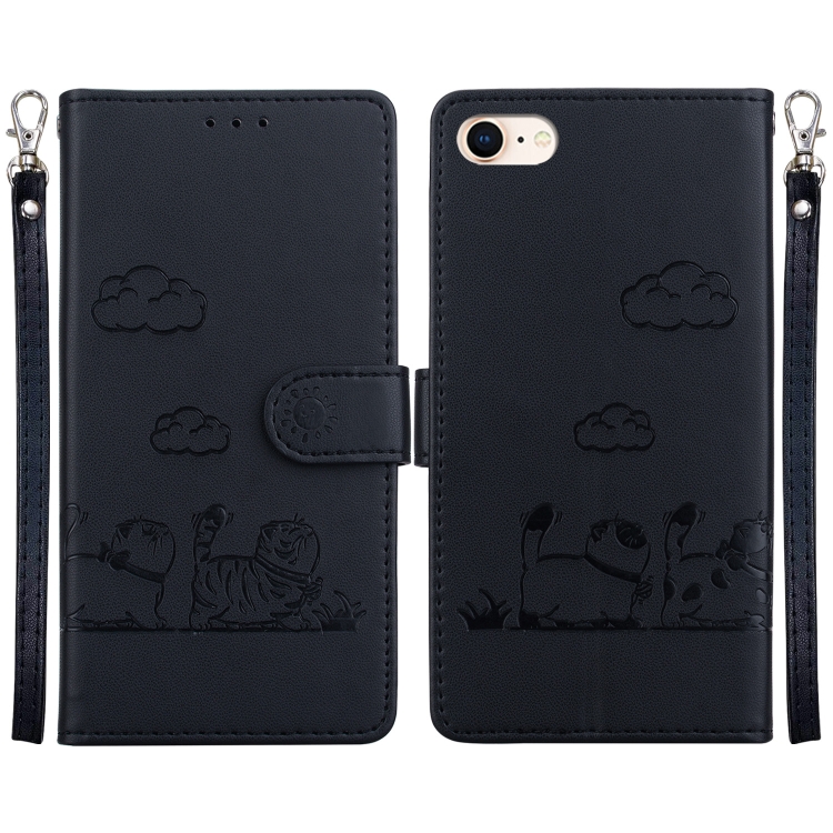 

For iPhone 7 / 8 / SE 2022 Cute Cats RFID Leather Phone Case(Black)