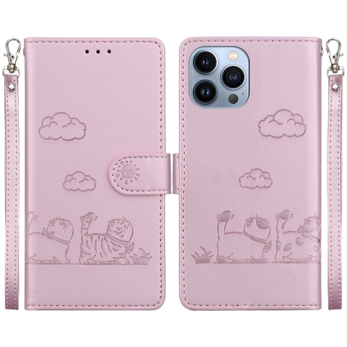 

For iPhone 13 Pro Max Cute Cats RFID Leather Phone Case(Rose Gold)