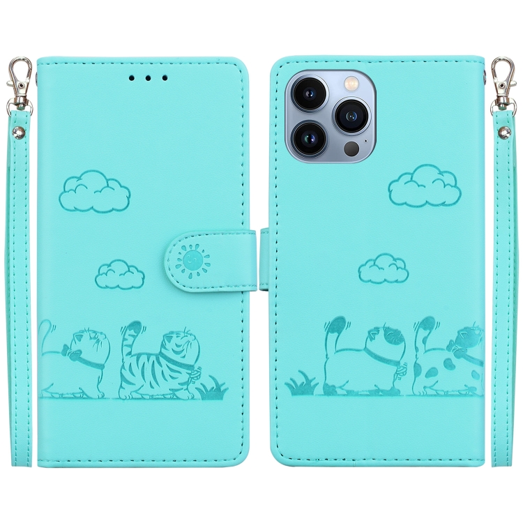 

For iPhone 13 Pro Max Cute Cats RFID Leather Phone Case(Green)