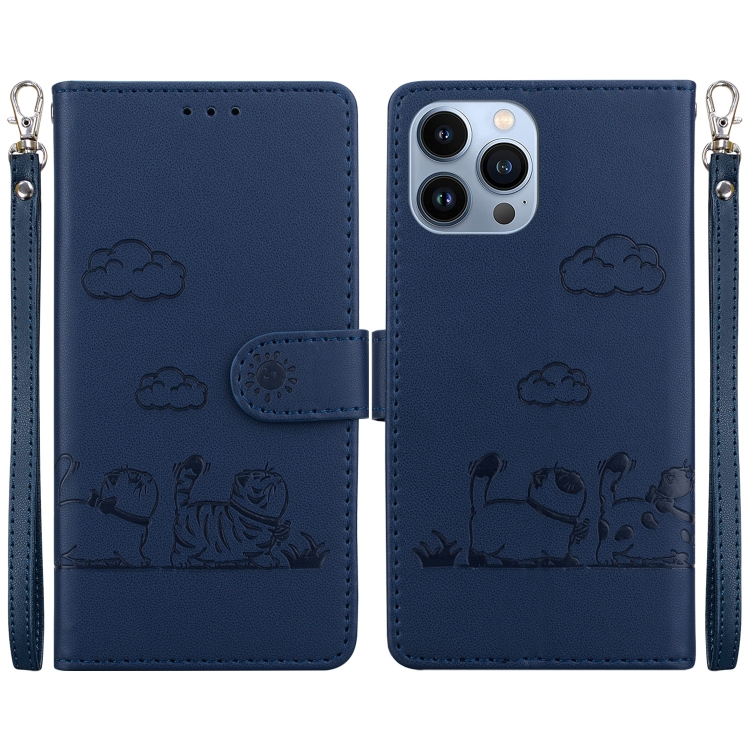 

For iPhone 13 Pro Max Cute Cats RFID Leather Phone Case(Blue)