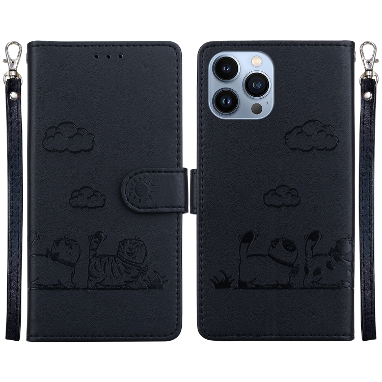 

For iPhone 13 Pro Max Cute Cats RFID Leather Phone Case(Black)