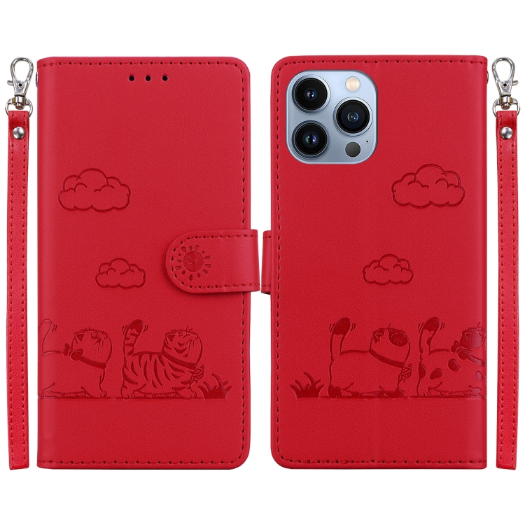 

For iPhone 13 Pro Cute Cats RFID Leather Phone Case(Red)