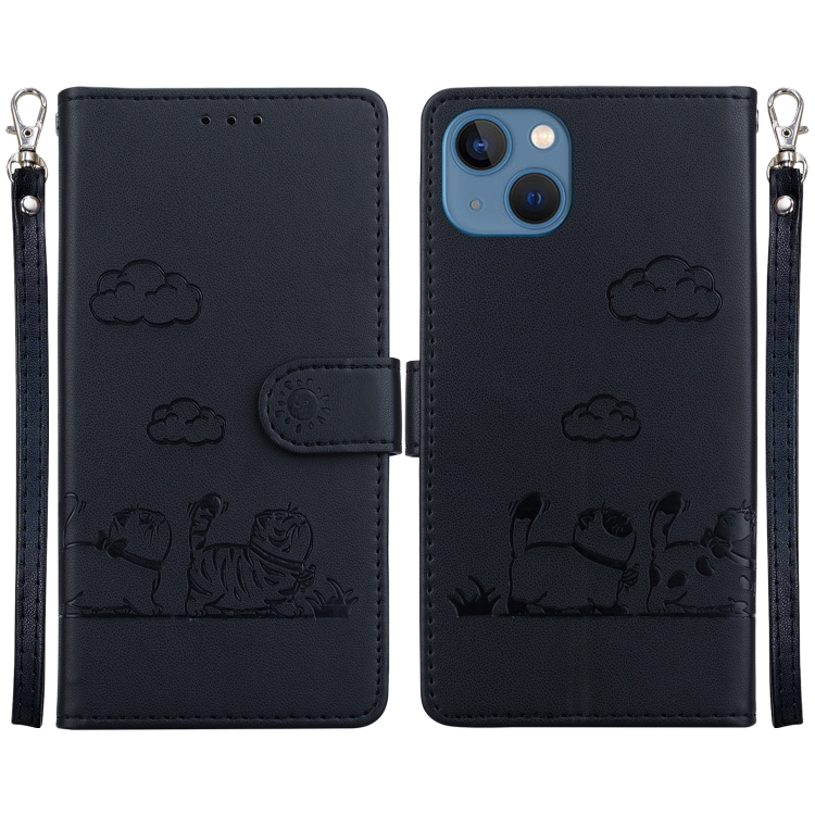

For iPhone 13 Cute Cats RFID Leather Phone Case(Black)