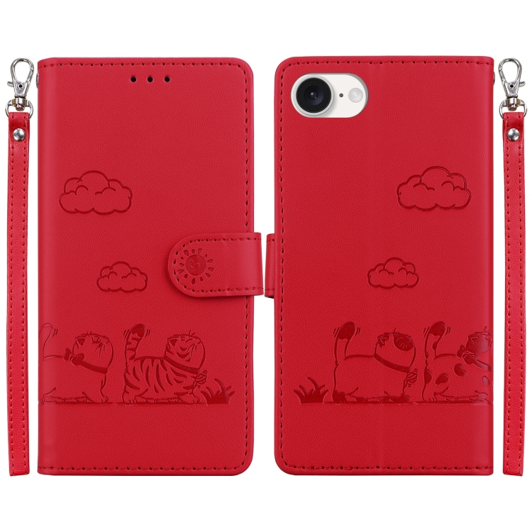 

For iPhone 16e Cute Cats RFID Leather Phone Case(Red)