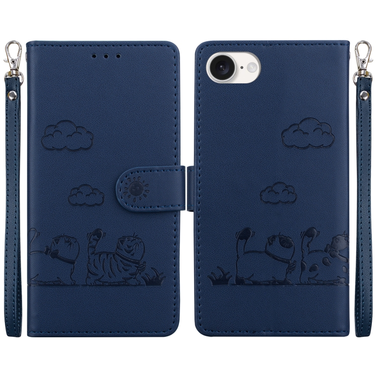 

For iPhone 16e Cute Cats RFID Leather Phone Case(Blue)