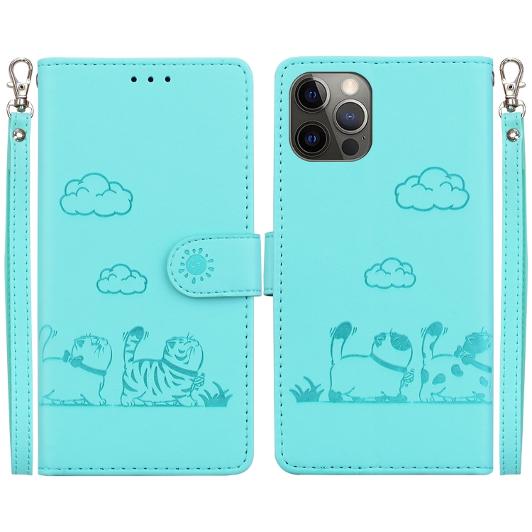 

For iPhone 12 / 12 Pro Cute Cats RFID Leather Phone Case(Green)