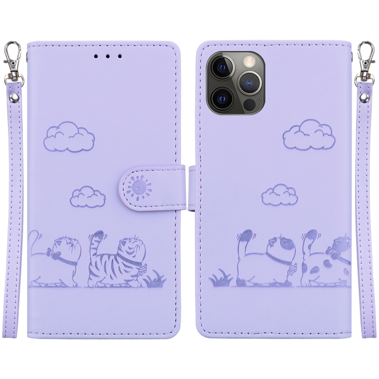 

For iPhone 12 / 12 Pro Cute Cats RFID Leather Phone Case(Purple)