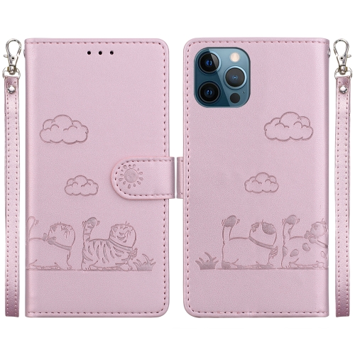 

For iPhone 12 Pro Max Cute Cats RFID Leather Phone Case(Rose Gold)