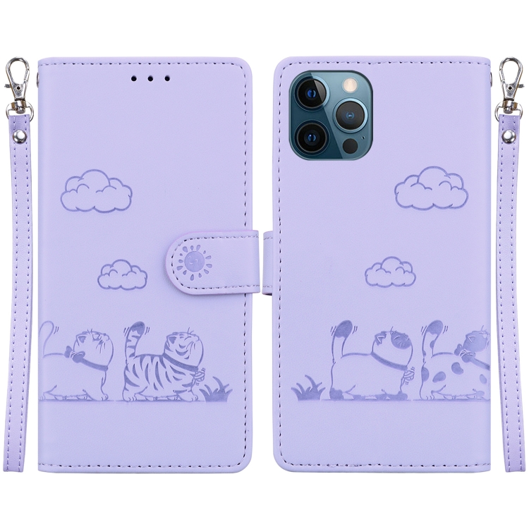

For iPhone 12 Pro Max Cute Cats RFID Leather Phone Case(Purple)