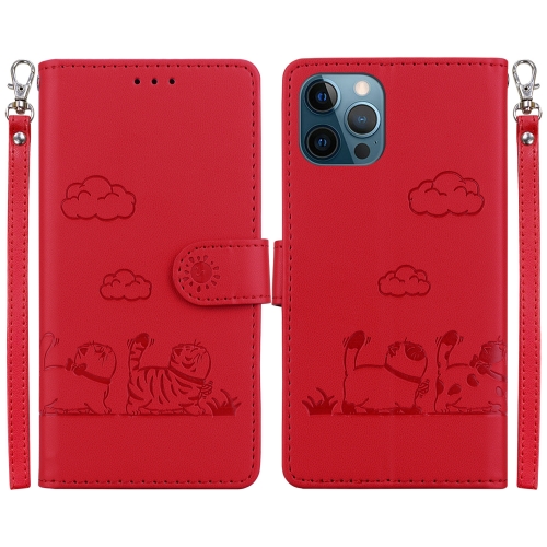 

For iPhone 12 Pro Max Cute Cats RFID Leather Phone Case(Red)